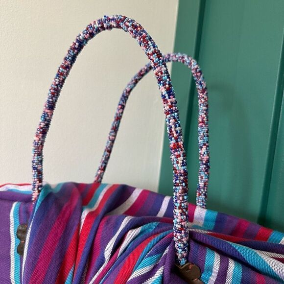 African Beaded Straw Bag Scarf Fringe Closure - Picture 9 of 16